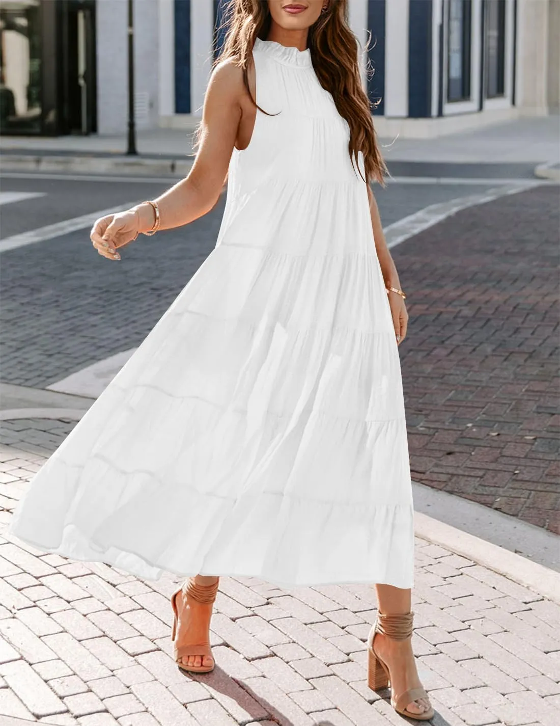 HAEOF Women's Summer Sleeveless Halter Midi Maxi Dress Casual Pleated Tiered Flowy Beach Vacation Long Dresses Sundress