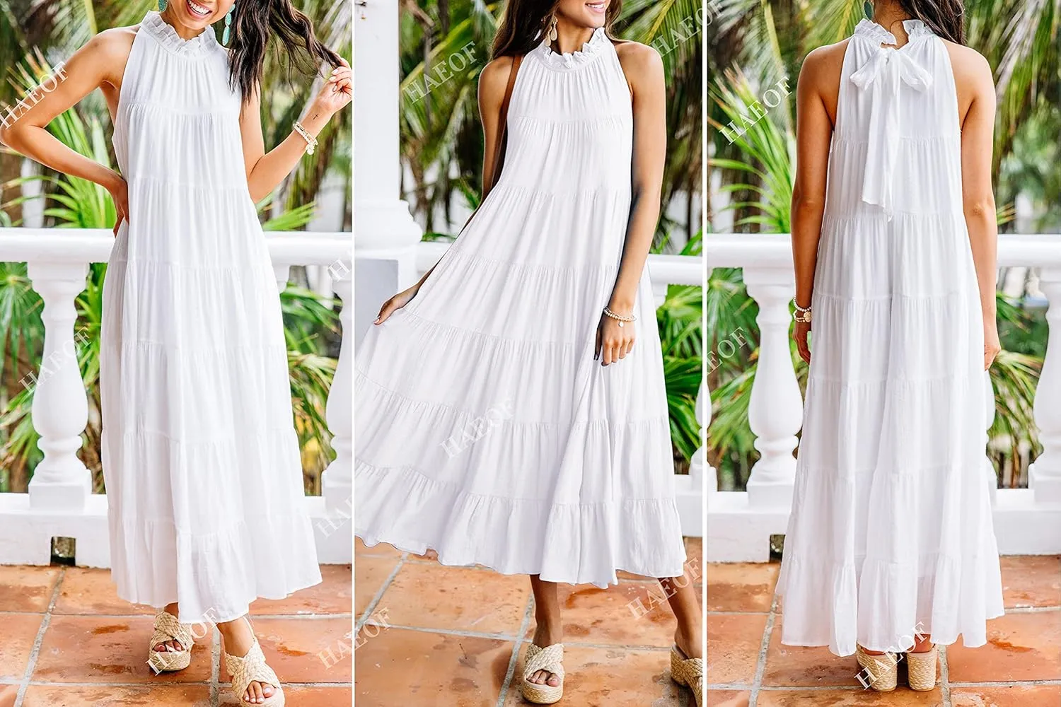 HAEOF Women's Summer Sleeveless Halter Midi Maxi Dress Casual Pleated Tiered Flowy Beach Vacation Long Dresses Sundress