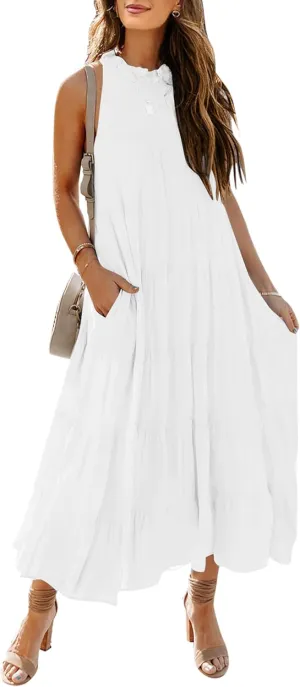 HAEOF Women's Summer Sleeveless Halter Midi Maxi Dress Casual Pleated Tiered Flowy Beach Vacation Long Dresses Sundress