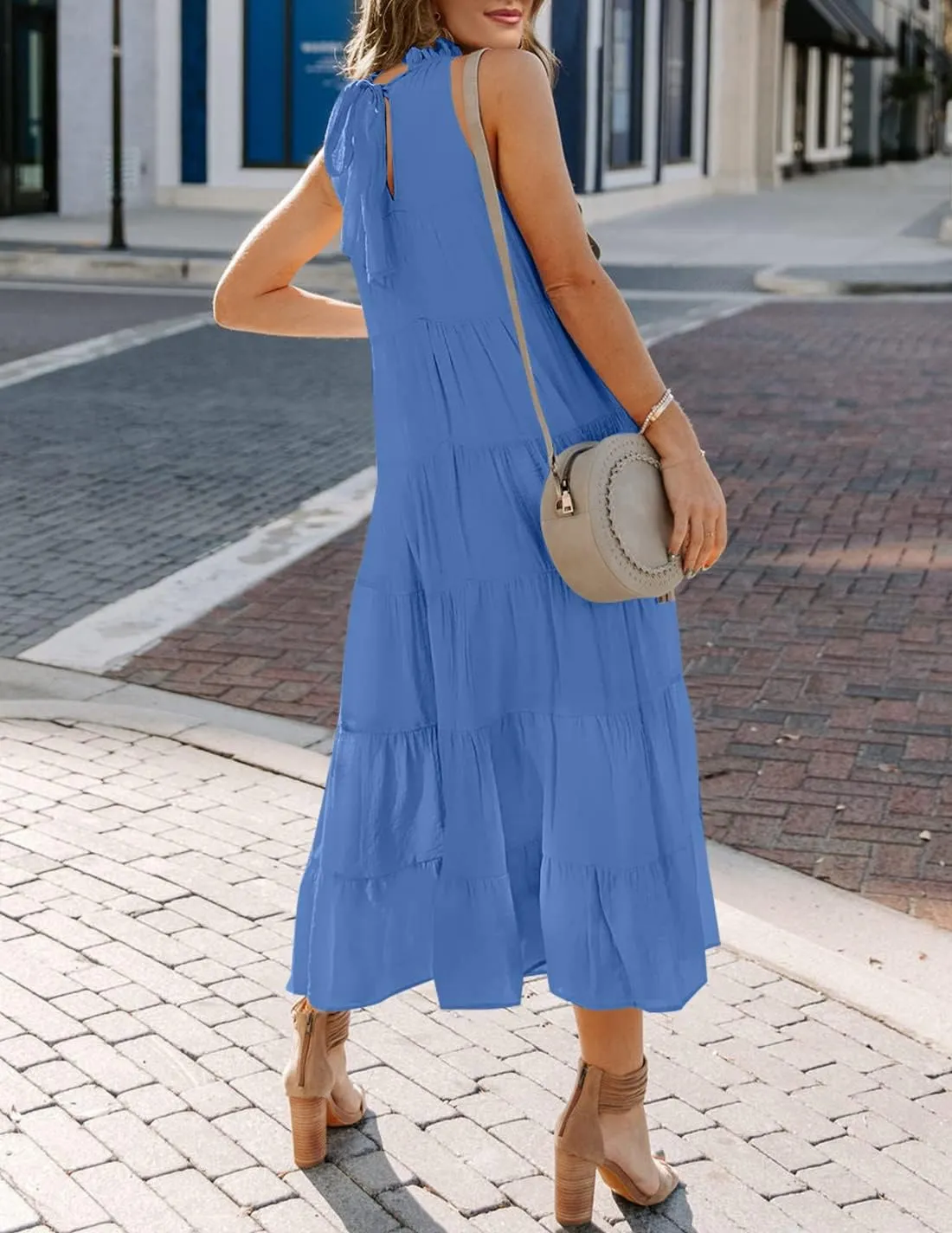 HAEOF Women's Summer Sleeveless Halter Midi Maxi Dress Casual Pleated Tiered Flowy Beach Vacation Long Dresses Sundress