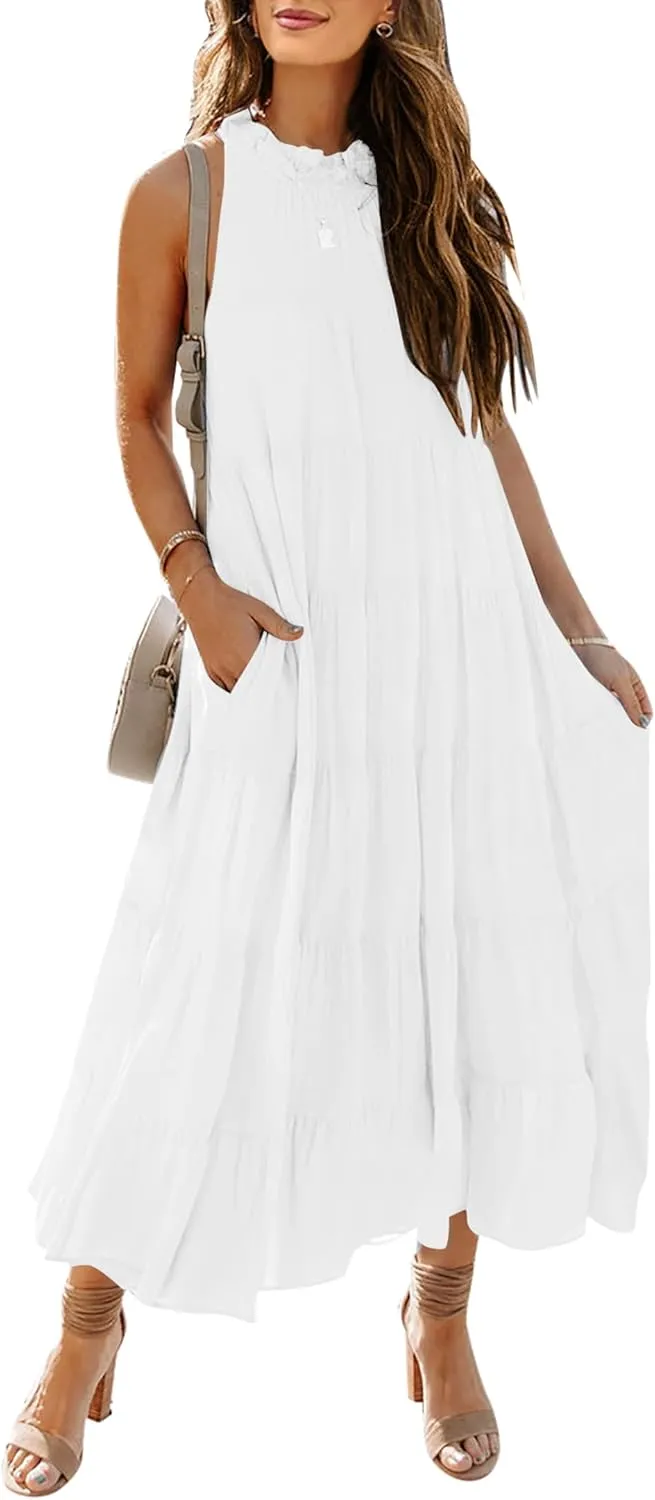HAEOF Women's Summer Sleeveless Halter Midi Maxi Dress Casual Pleated Tiered Flowy Beach Vacation Long Dresses Sundress