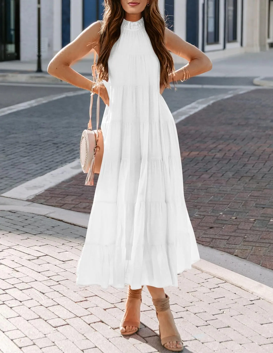 HAEOF Women's Summer Sleeveless Halter Midi Maxi Dress Casual Pleated Tiered Flowy Beach Vacation Long Dresses Sundress