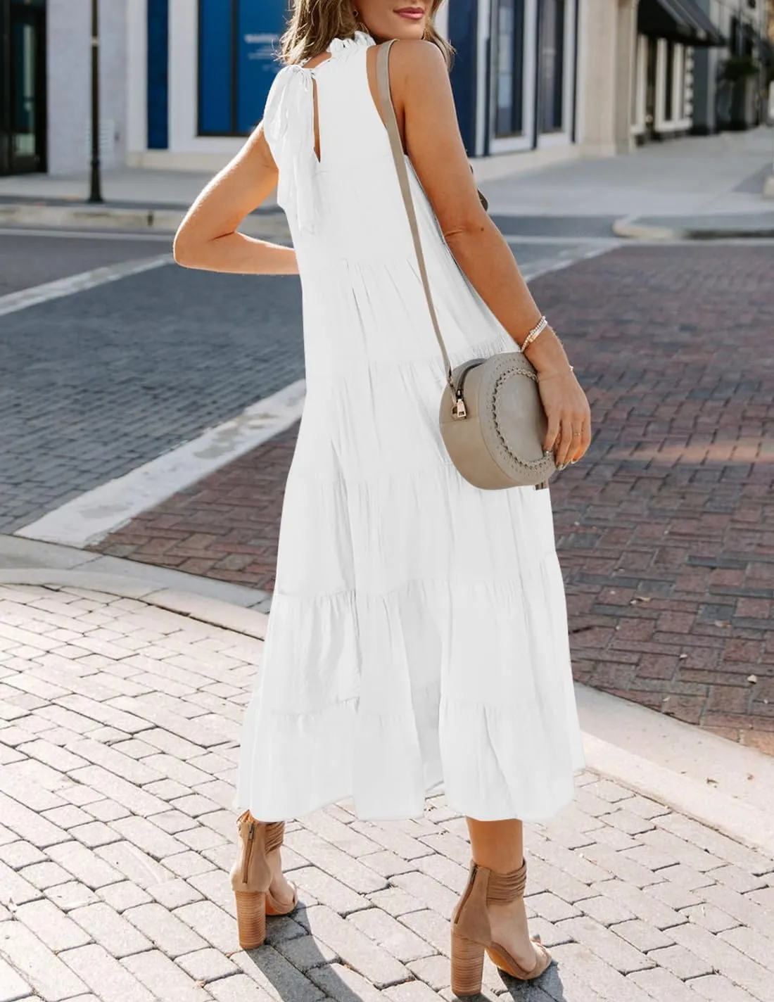 HAEOF Women's Summer Sleeveless Halter Midi Maxi Dress Casual Pleated Tiered Flowy Beach Vacation Long Dresses Sundress