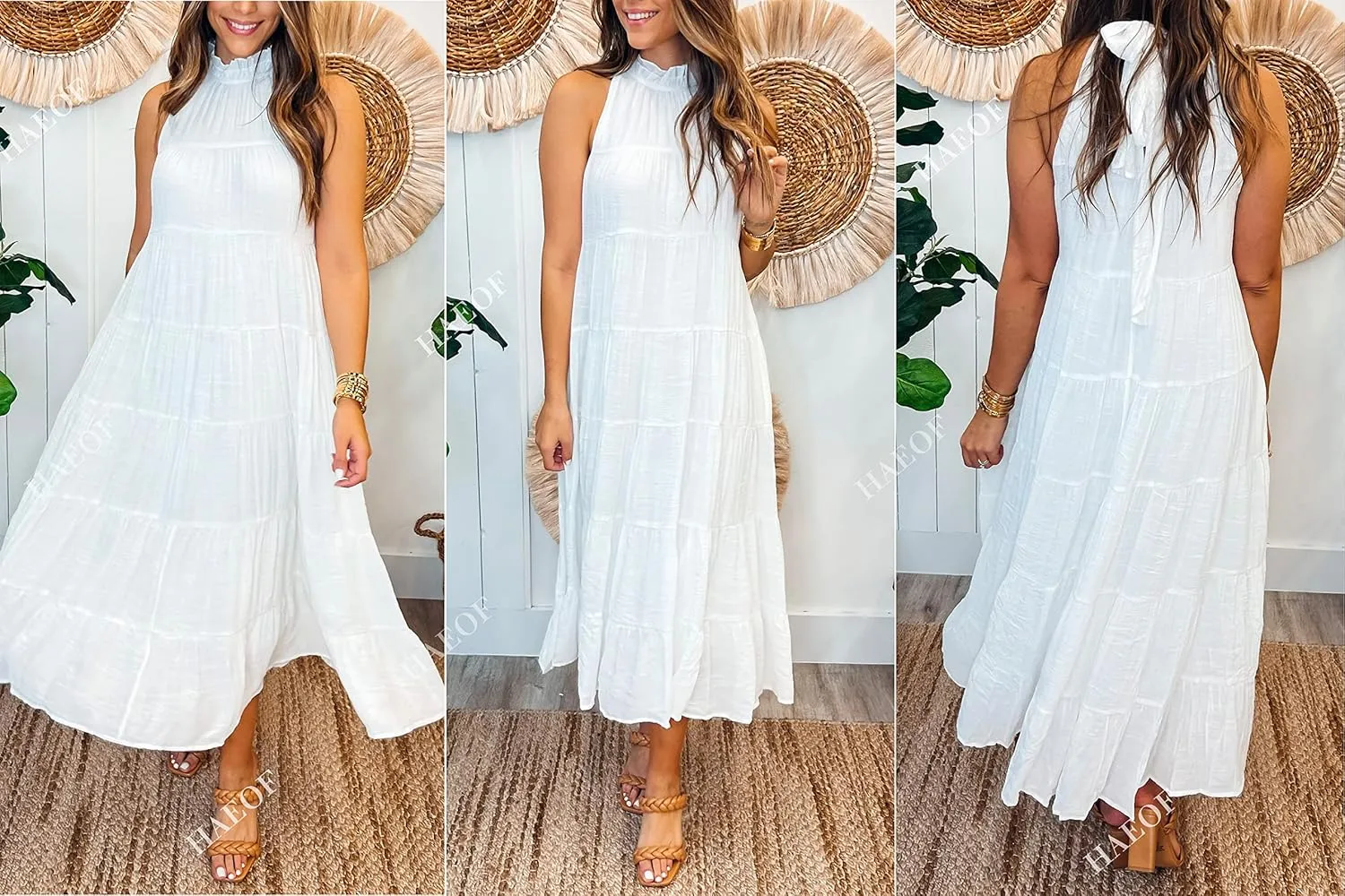 HAEOF Women's Summer Sleeveless Halter Midi Maxi Dress Casual Pleated Tiered Flowy Beach Vacation Long Dresses Sundress