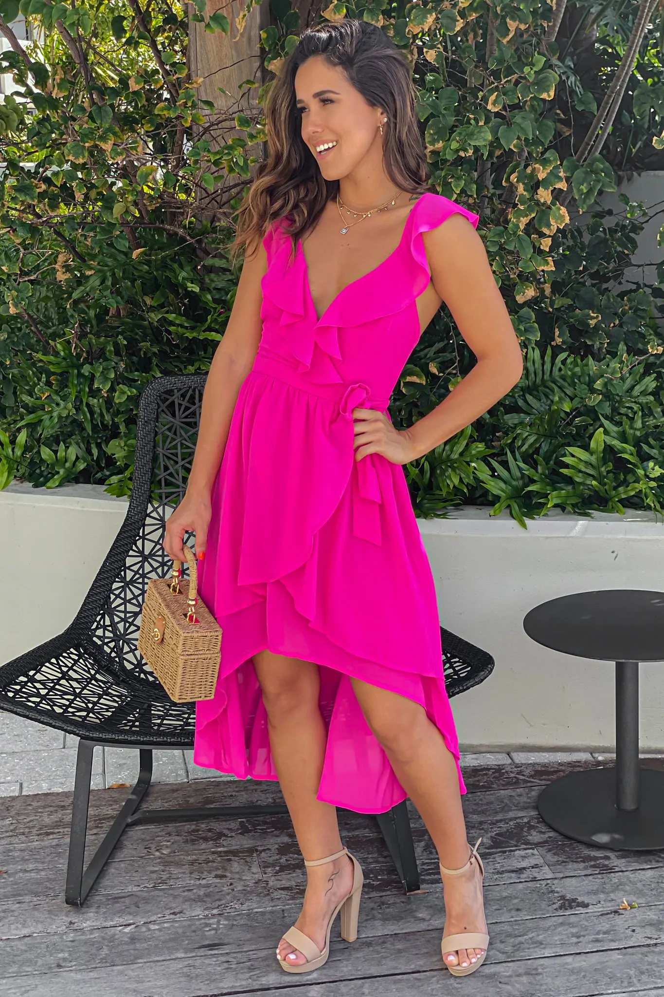 Hot Pink Ruffled High Low Dress