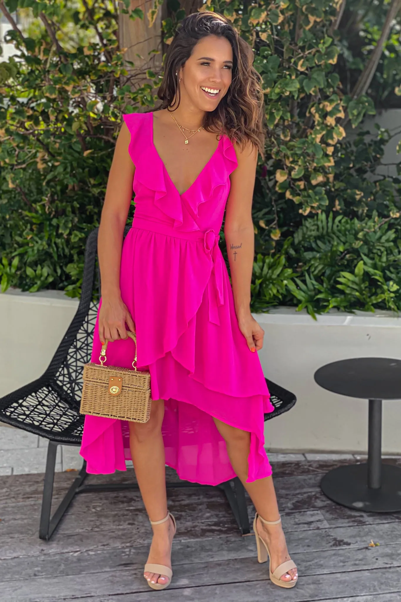 Hot Pink Ruffled High Low Dress