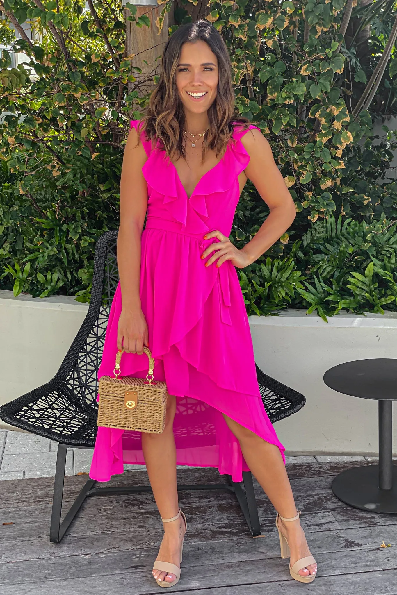 Hot Pink Ruffled High Low Dress