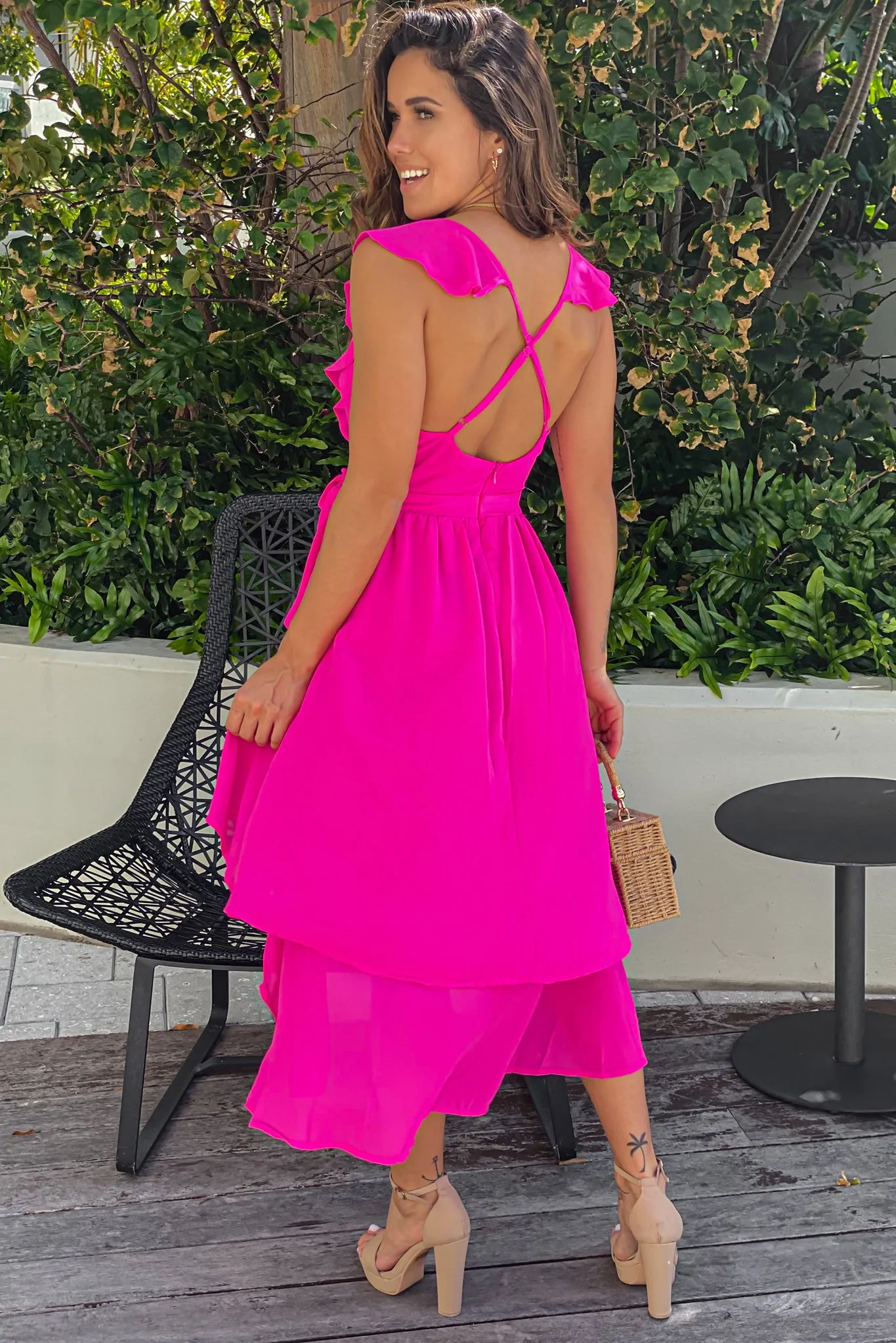 Hot Pink Ruffled High Low Dress