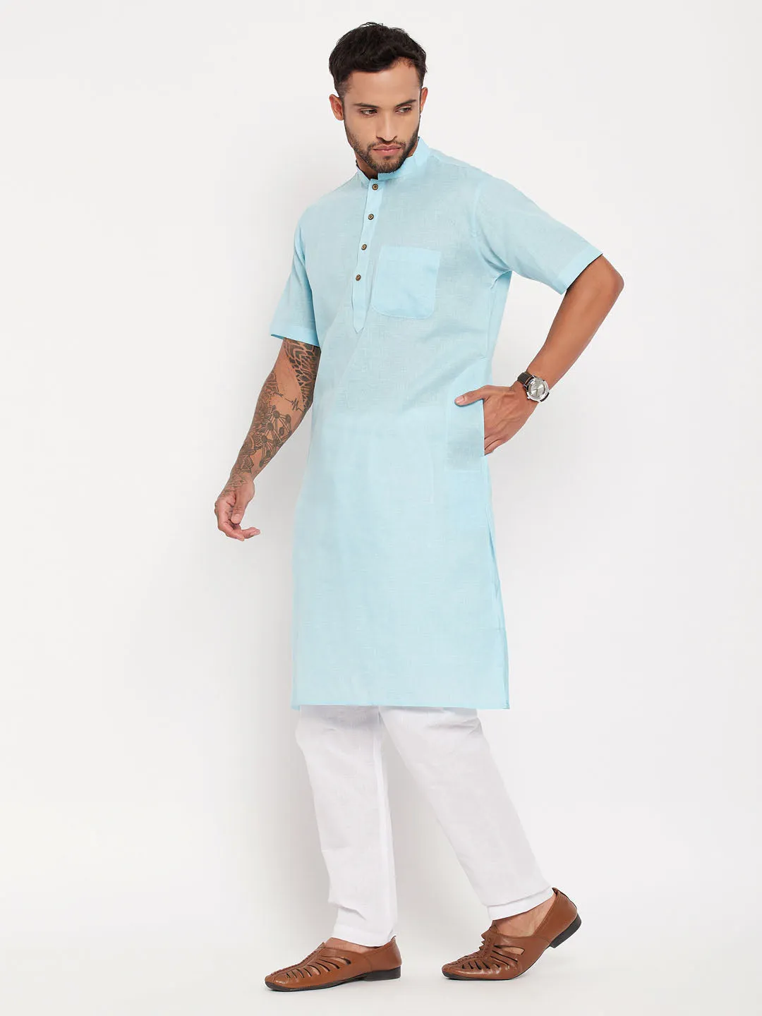 Jashvi Men's Blue Solid Kurta