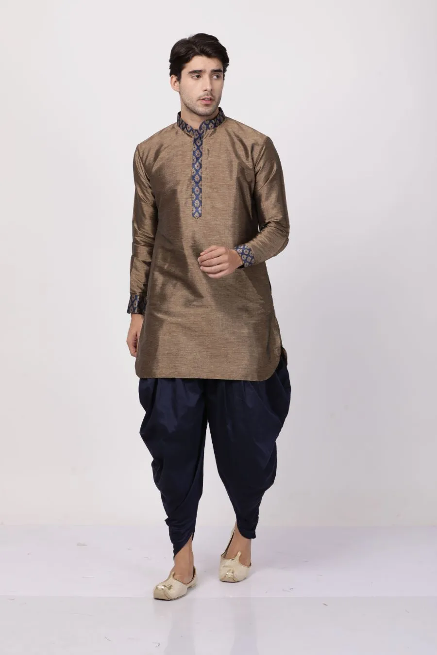 Jashvi Men's Bronze And Navy Blue Silk Blend Kurta and Dhoti Pant Set