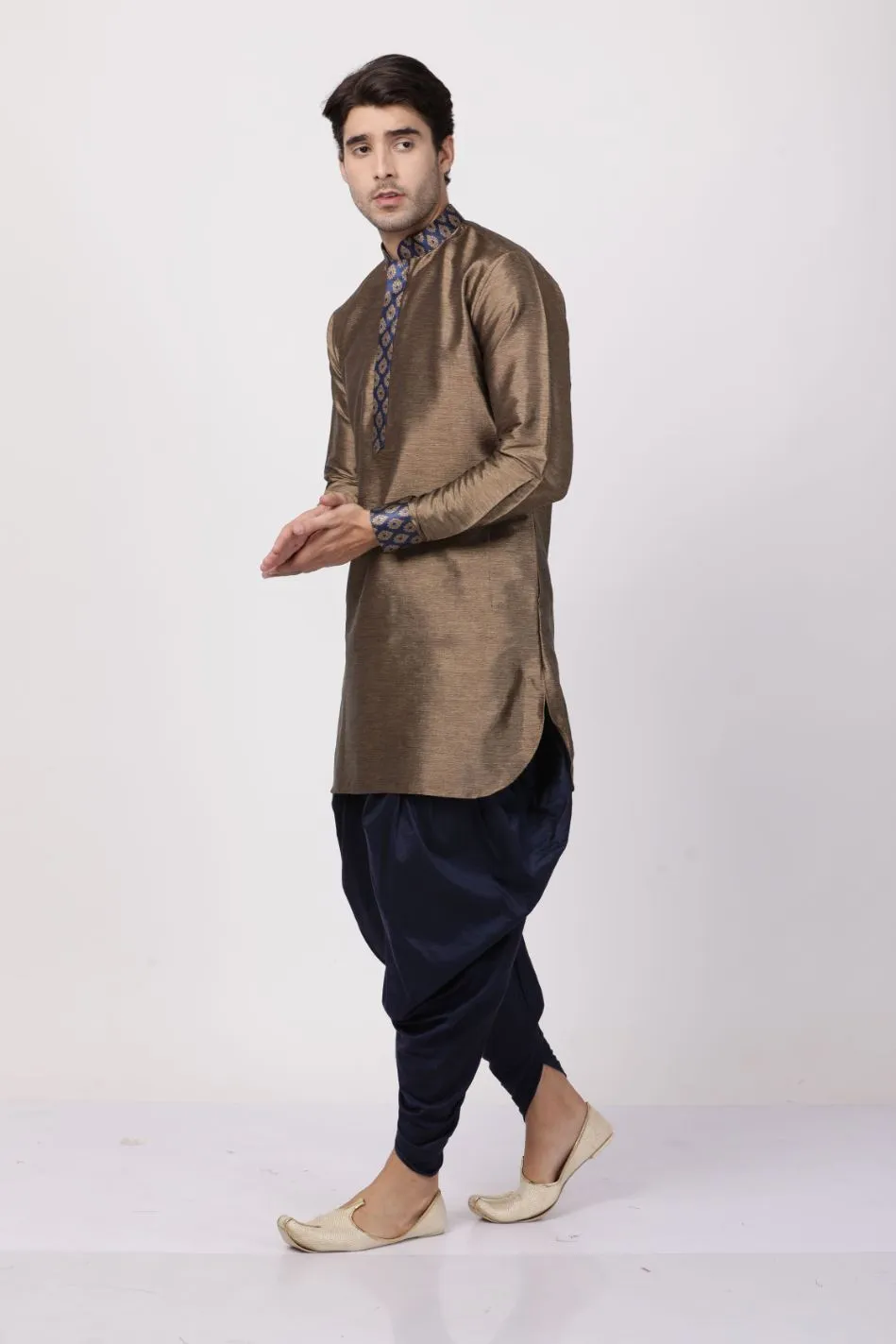 Jashvi Men's Bronze And Navy Blue Silk Blend Kurta and Dhoti Pant Set