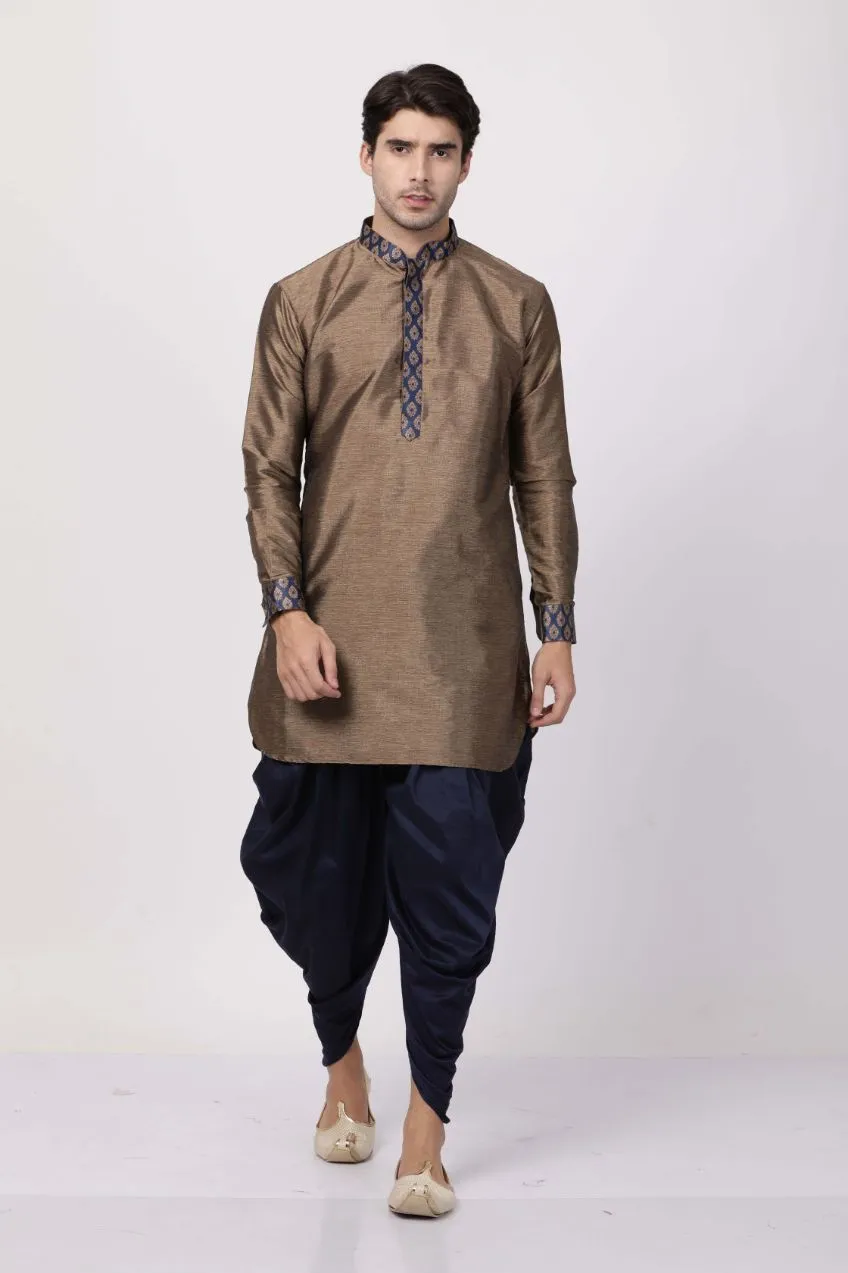 Jashvi Men's Bronze And Navy Blue Silk Blend Kurta and Dhoti Pant Set