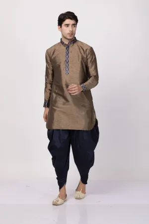 Jashvi Men's Bronze And Navy Blue Silk Blend Kurta and Dhoti Pant Set