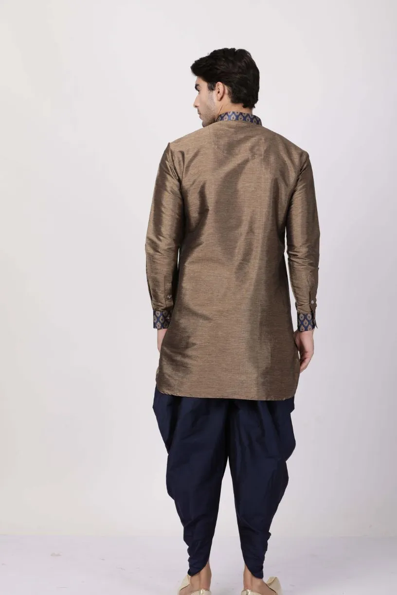 Jashvi Men's Bronze And Navy Blue Silk Blend Kurta and Dhoti Pant Set