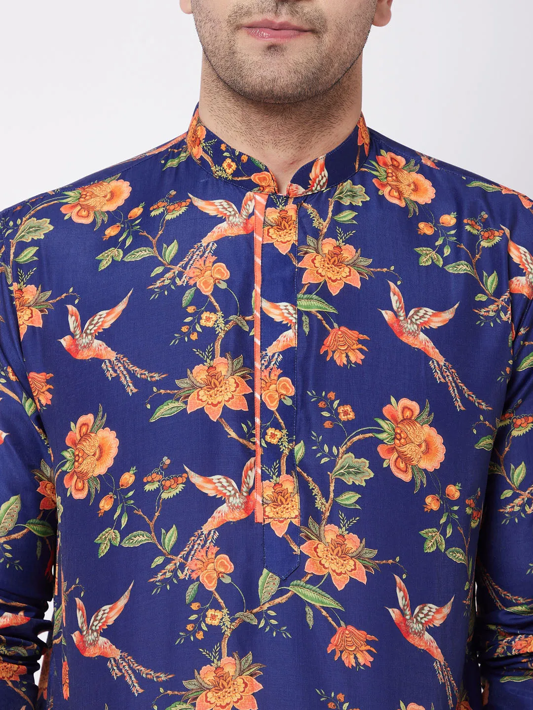 Jashvi Men's Floral Printed Muslin Blend Kurta Pyjama Set