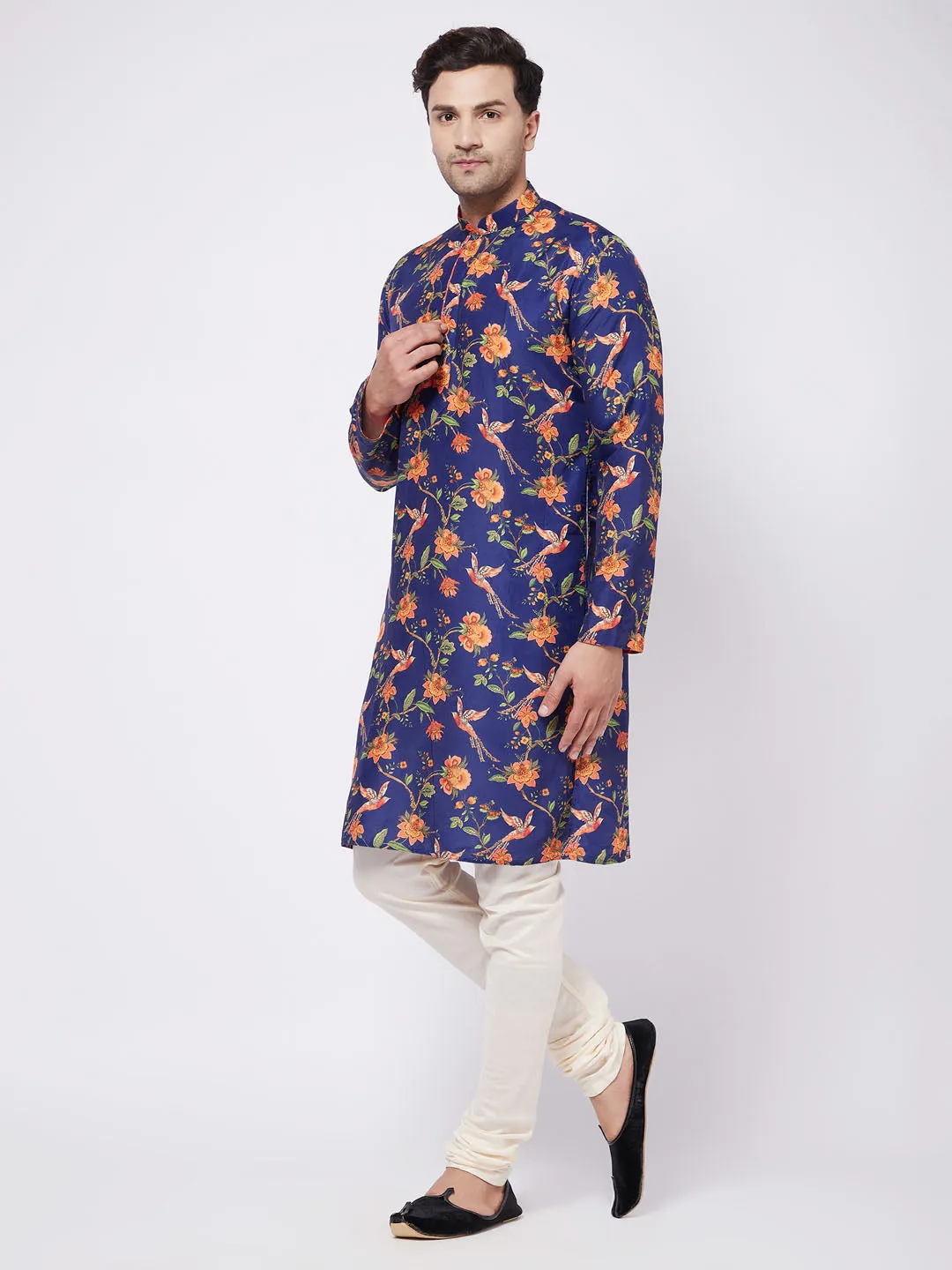 Jashvi Men's Floral Printed Muslin Blend Kurta Pyjama Set