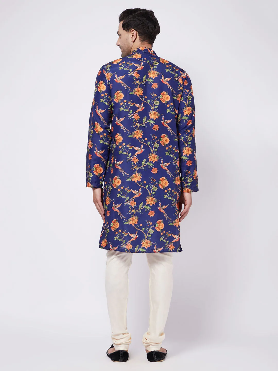 Jashvi Men's Floral Printed Muslin Blend Kurta Pyjama Set
