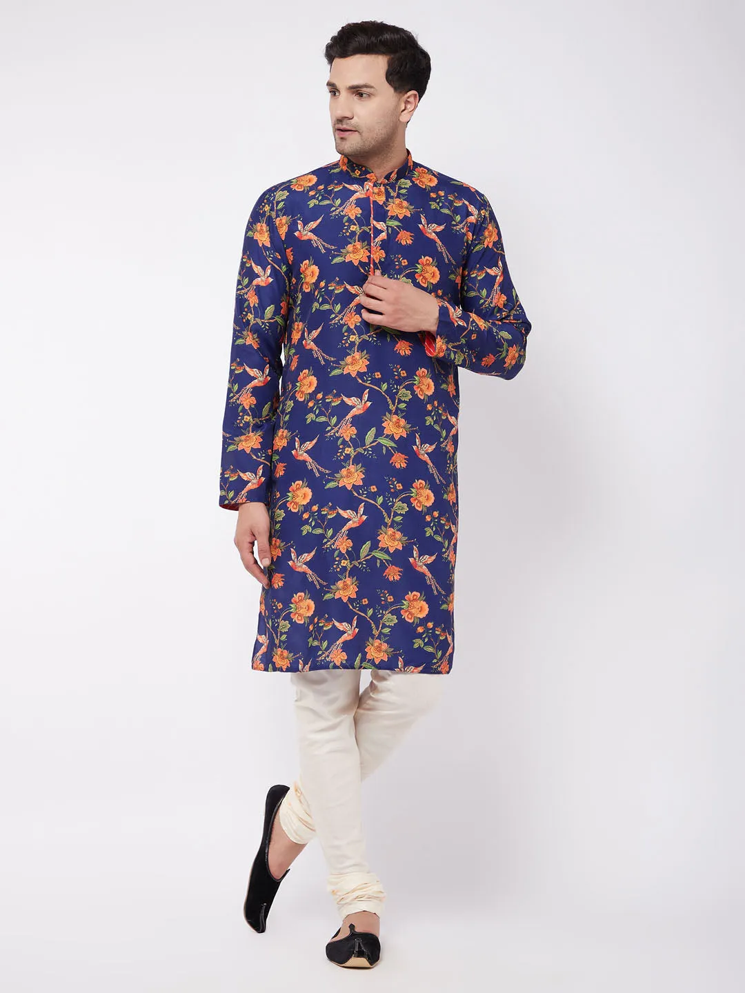 Jashvi Men's Floral Printed Muslin Blend Kurta Pyjama Set