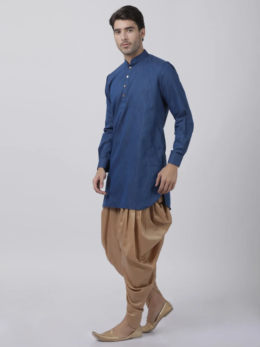 Jashvi Men's Navy Blue Cotton Blend Kurta and Dhoti Pant Set