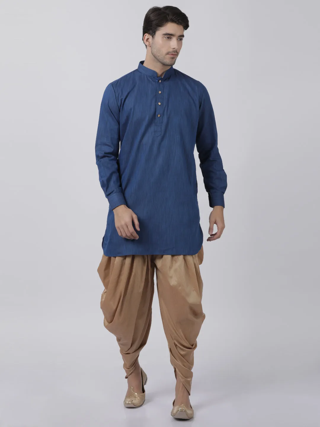 Jashvi Men's Navy Blue Cotton Blend Kurta and Dhoti Pant Set