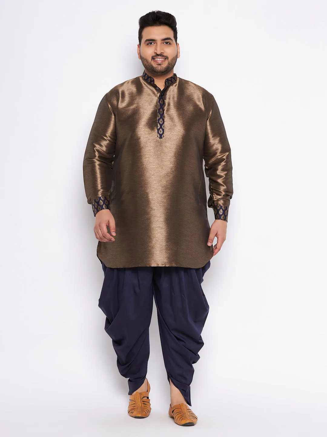 Jashvi Men's Plus Size Navy Blue Silk Blend Curved Kurta And Dhoti Set
