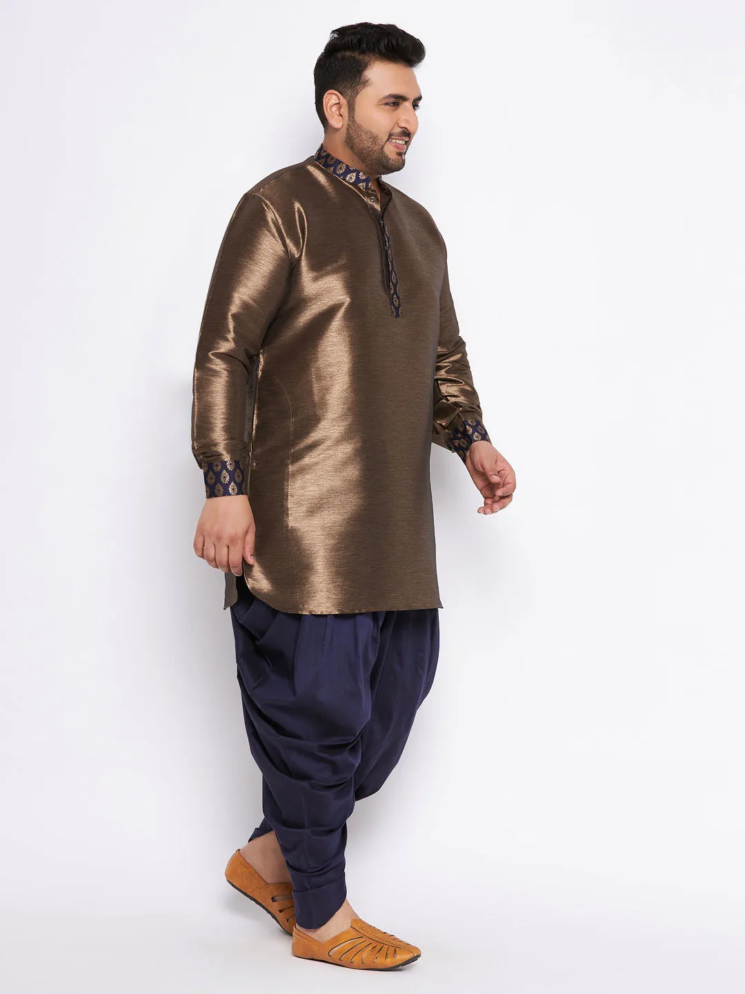 Jashvi Men's Plus Size Navy Blue Silk Blend Curved Kurta And Dhoti Set