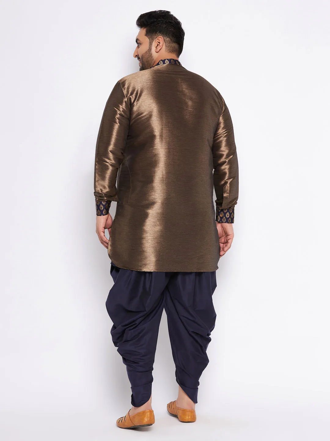 Jashvi Men's Plus Size Navy Blue Silk Blend Curved Kurta And Dhoti Set