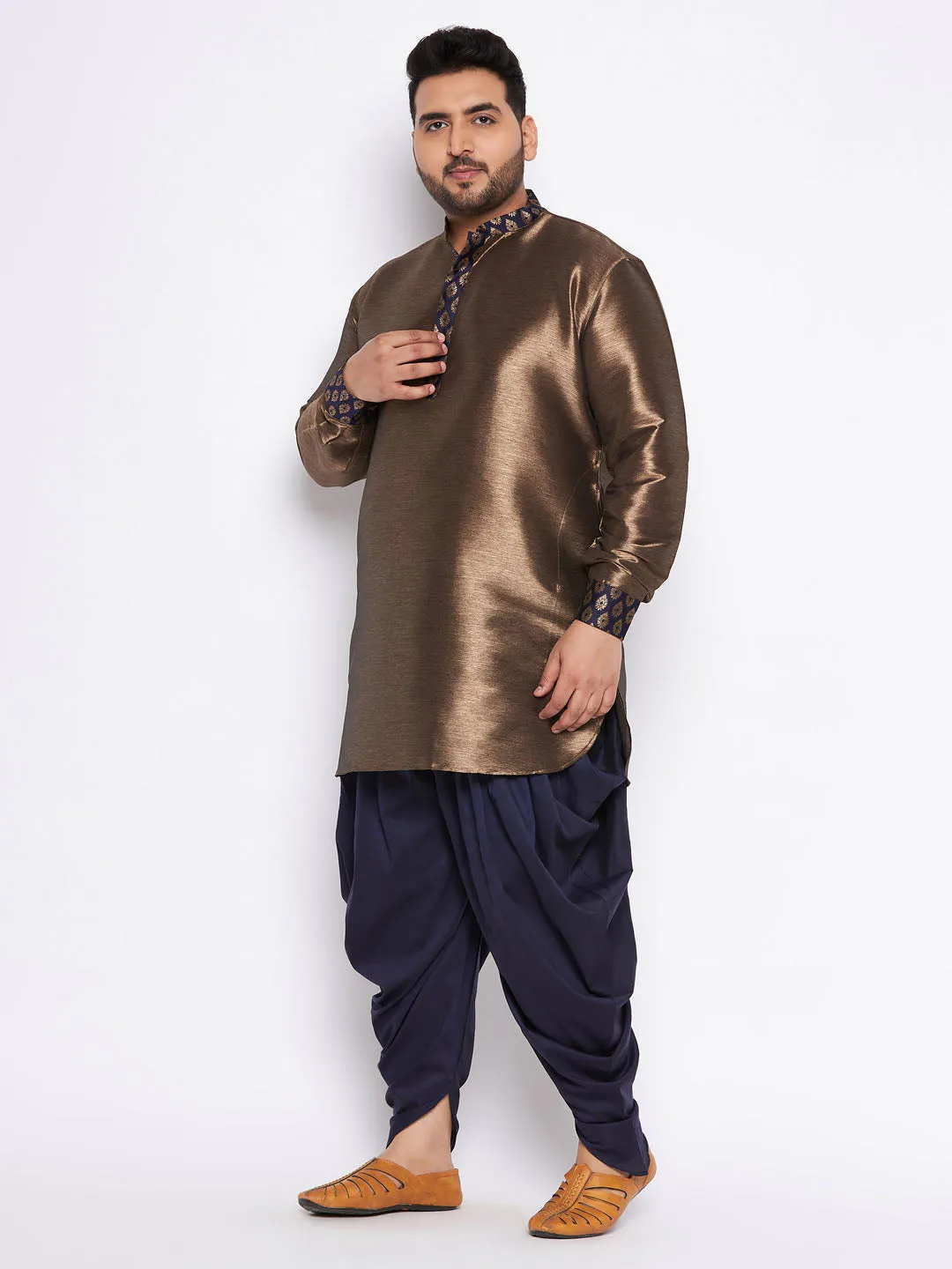 Jashvi Men's Plus Size Navy Blue Silk Blend Curved Kurta And Dhoti Set