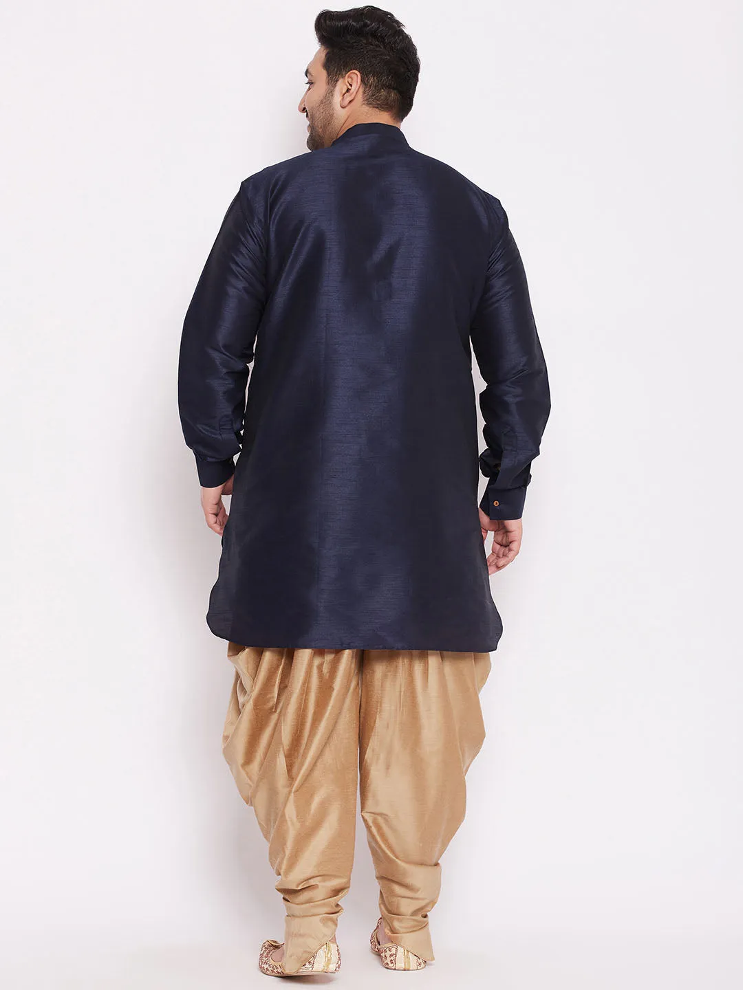 Jashvi Men's Plus Size Navy Blue Silk Blend Curved Kurta Dhoti Set