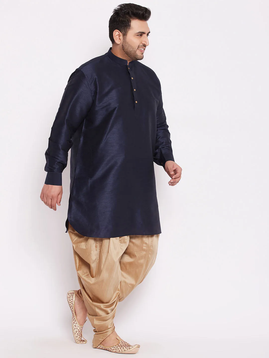 Jashvi Men's Plus Size Navy Blue Silk Blend Curved Kurta Dhoti Set