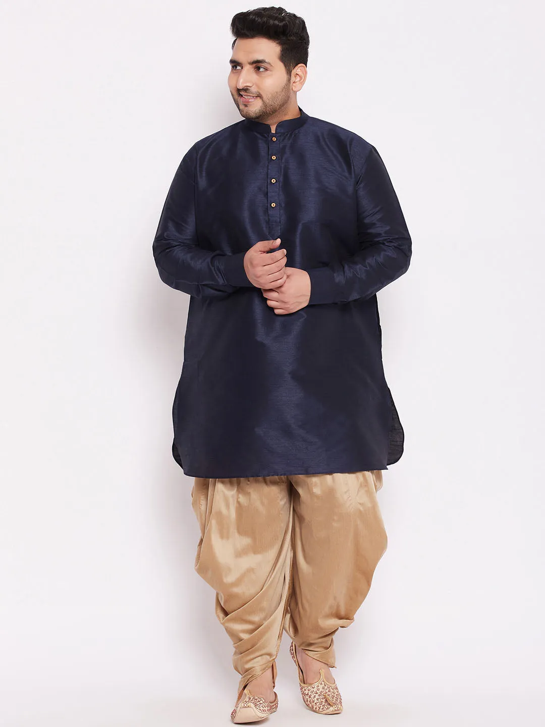 Jashvi Men's Plus Size Navy Blue Silk Blend Curved Kurta Dhoti Set