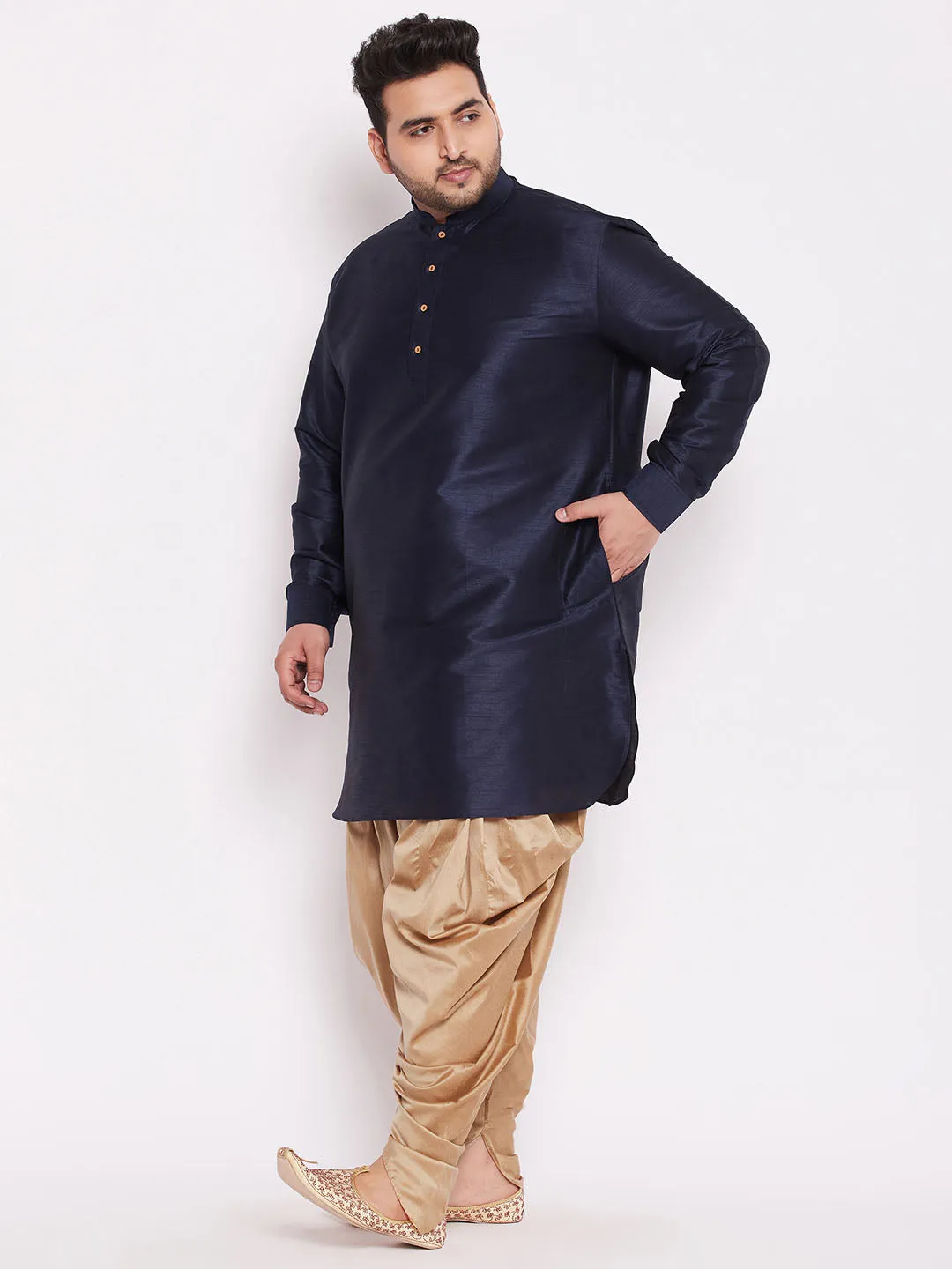 Jashvi Men's Plus Size Navy Blue Silk Blend Curved Kurta Dhoti Set