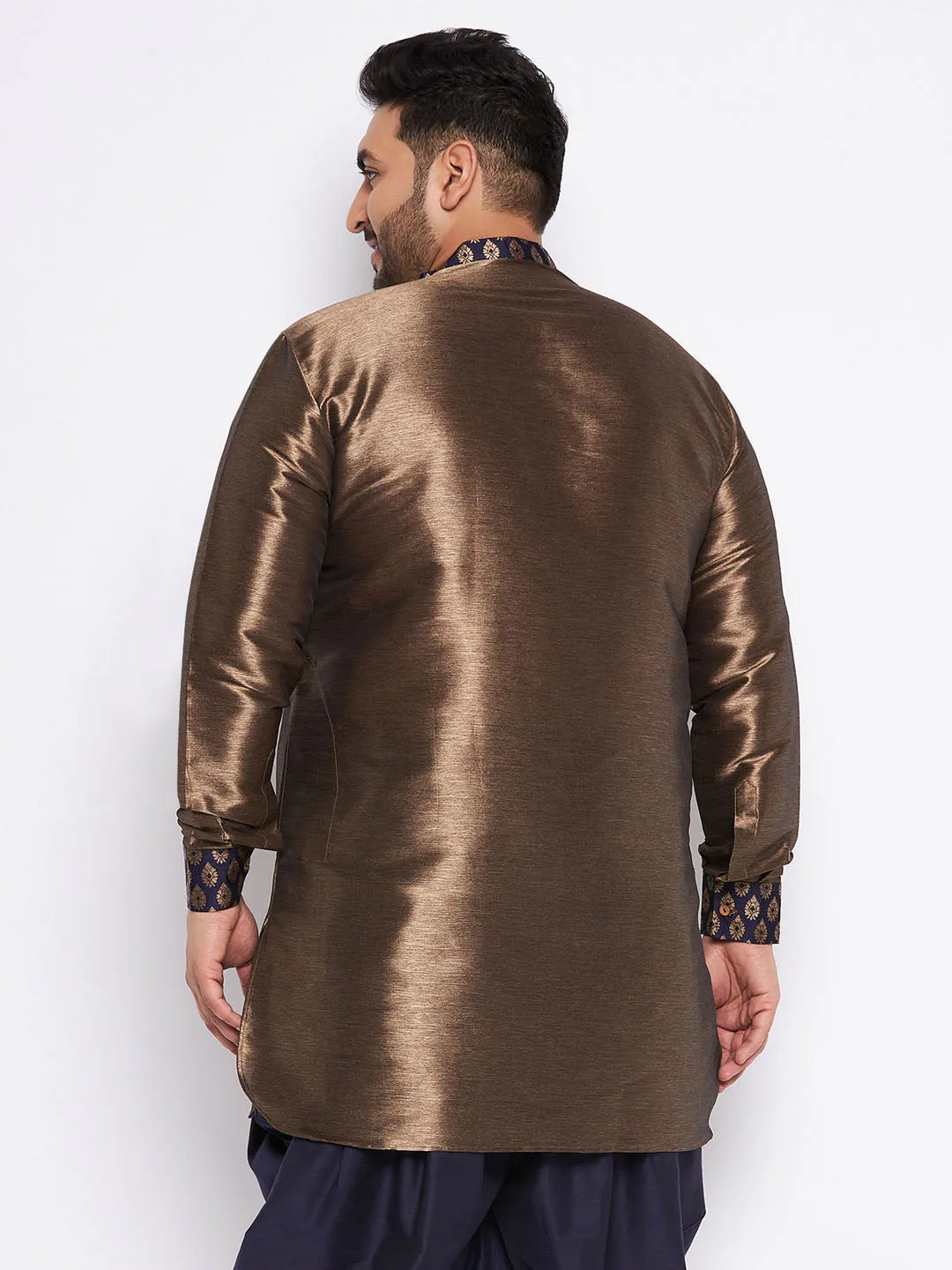 Jashvi Men's Plus Size Navy Blue Silk Blend Curved Kurta