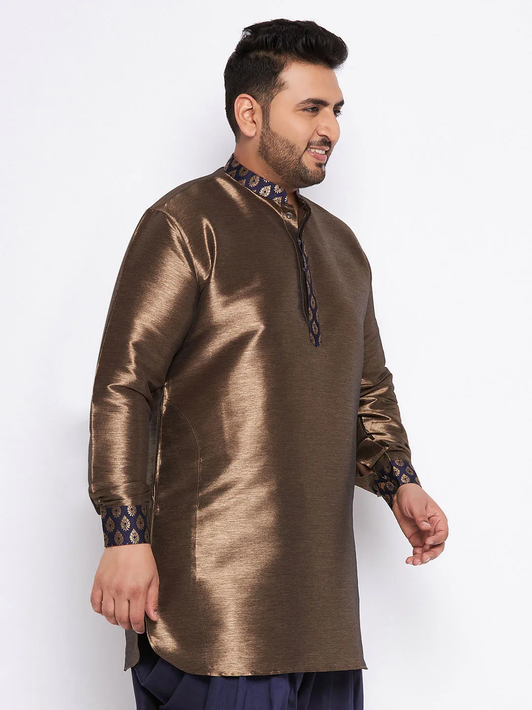 Jashvi Men's Plus Size Navy Blue Silk Blend Curved Kurta