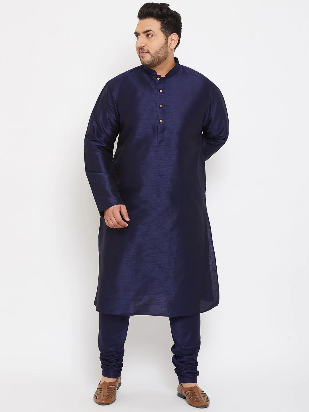 Jashvi Men's Plus Size Navy Blue Silk Blend Kurta Pyjama Set