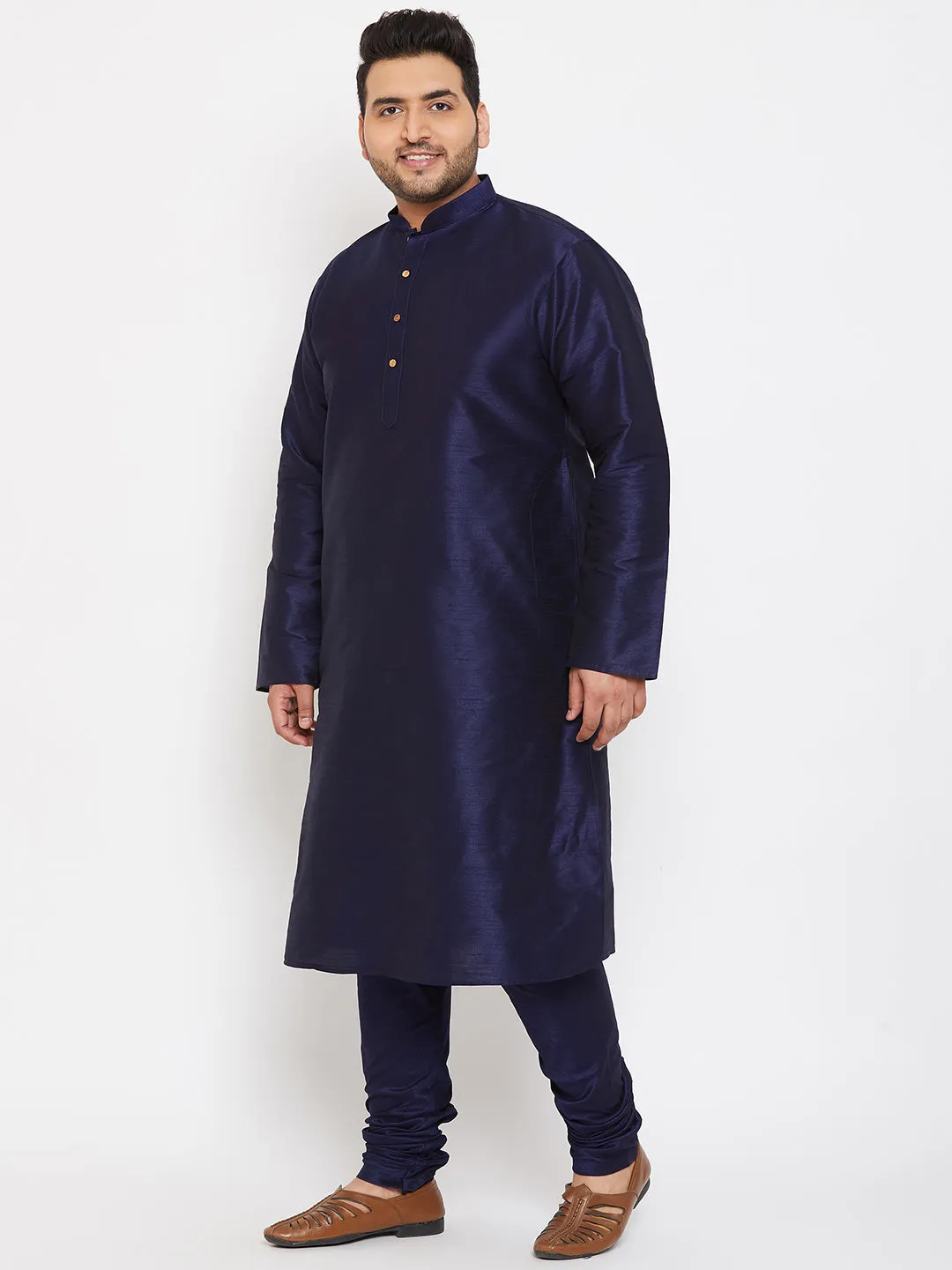 Jashvi Men's Plus Size Navy Blue Silk Blend Kurta Pyjama Set