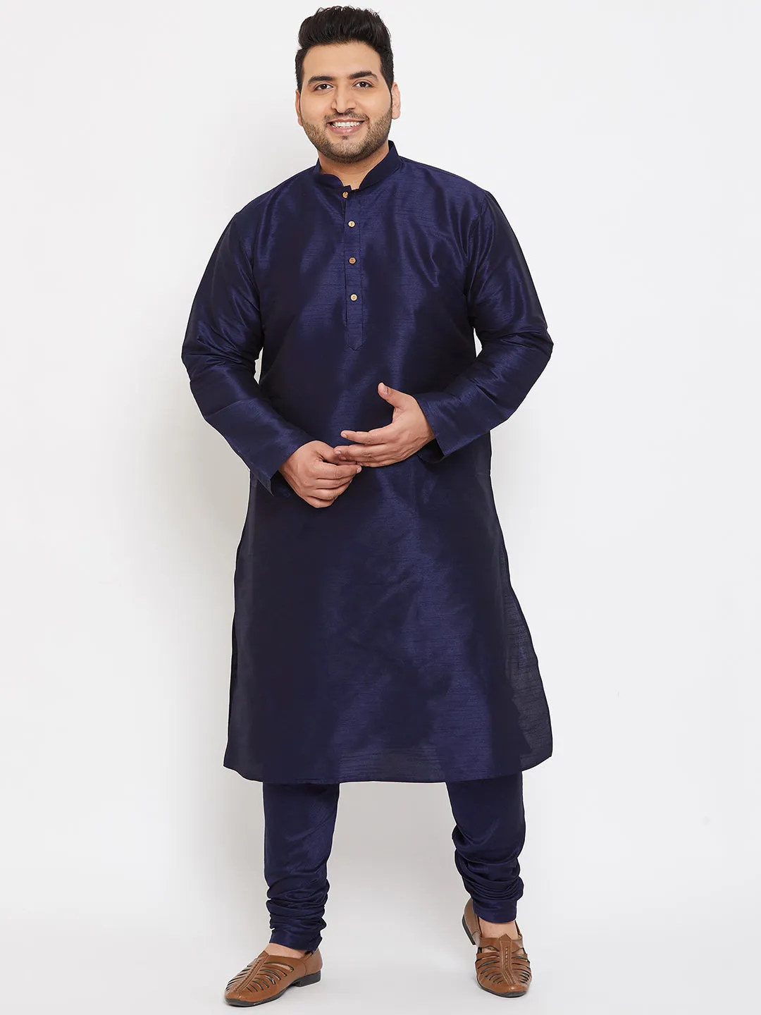 Jashvi Men's Plus Size Navy Blue Silk Blend Kurta Pyjama Set