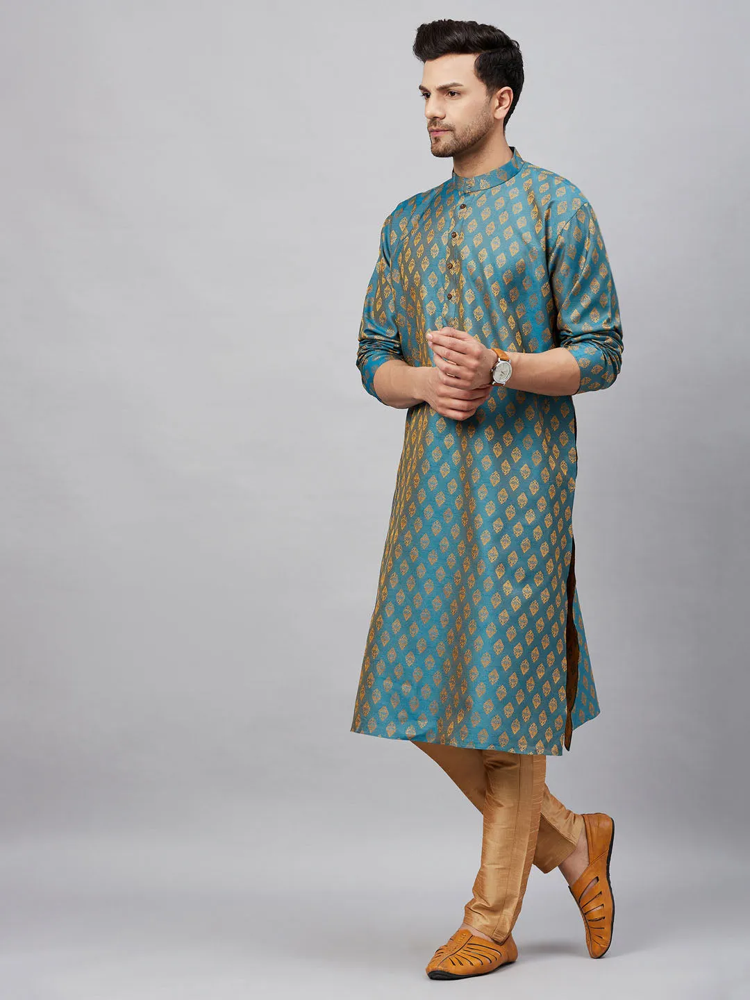 Jashvi Men's Turquoise Blue And  Rose Gold Woven Kurta Pant Set