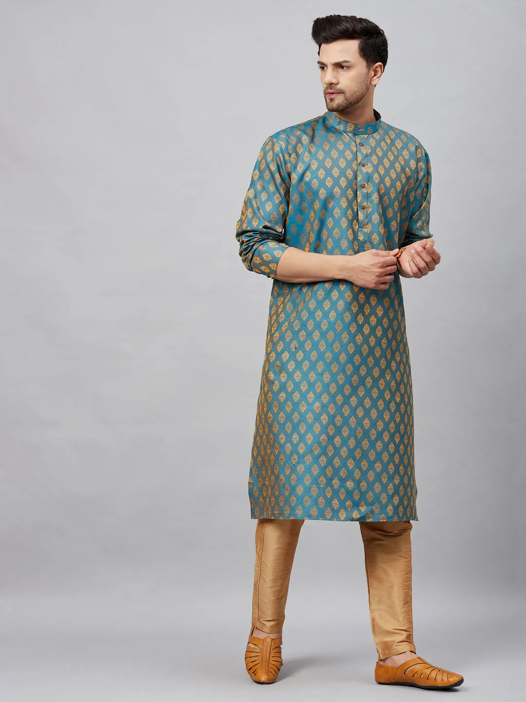 Jashvi Men's Turquoise Blue And  Rose Gold Woven Kurta Pant Set