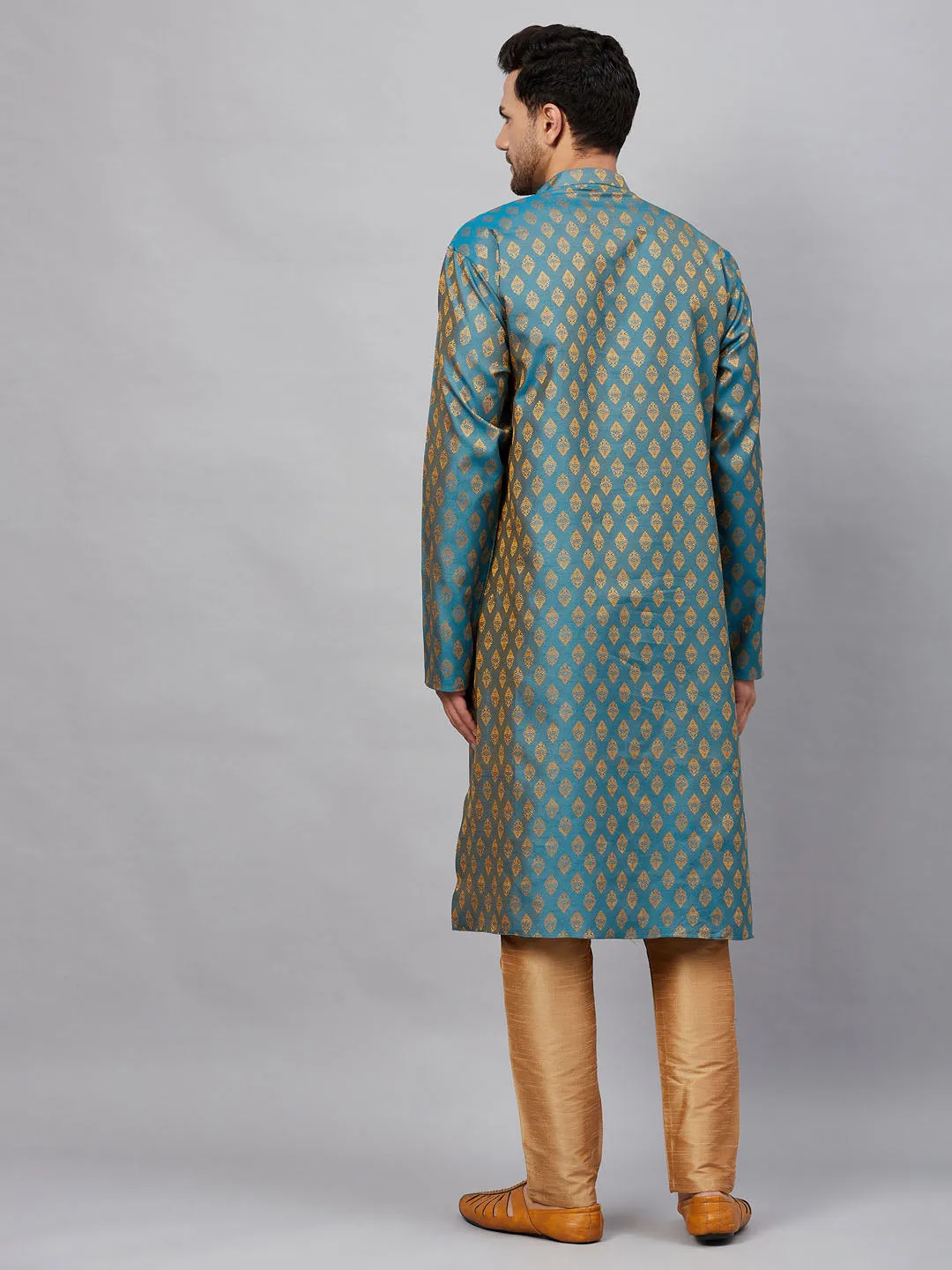 Jashvi Men's Turquoise Blue And  Rose Gold Woven Kurta Pant Set
