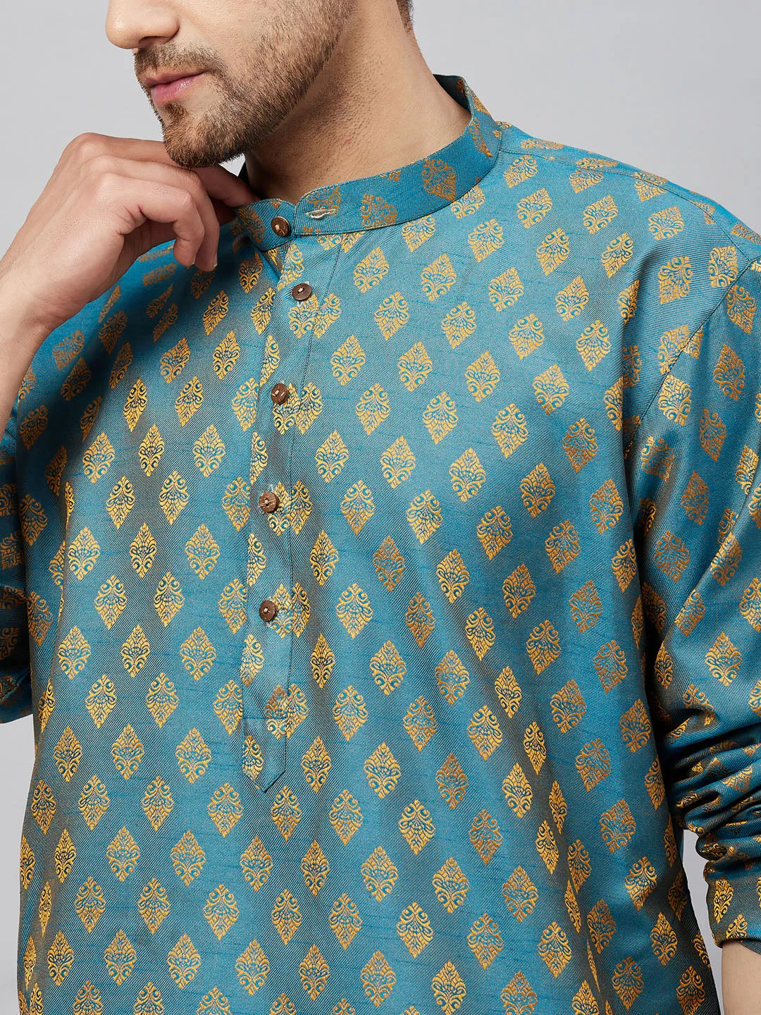 Jashvi Men's Turquoise Blue And  Rose Gold Woven Kurta Pant Set