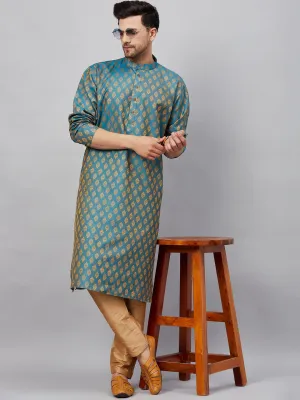 Jashvi Men's Turquoise Blue And  Rose Gold Woven Kurta Pant Set