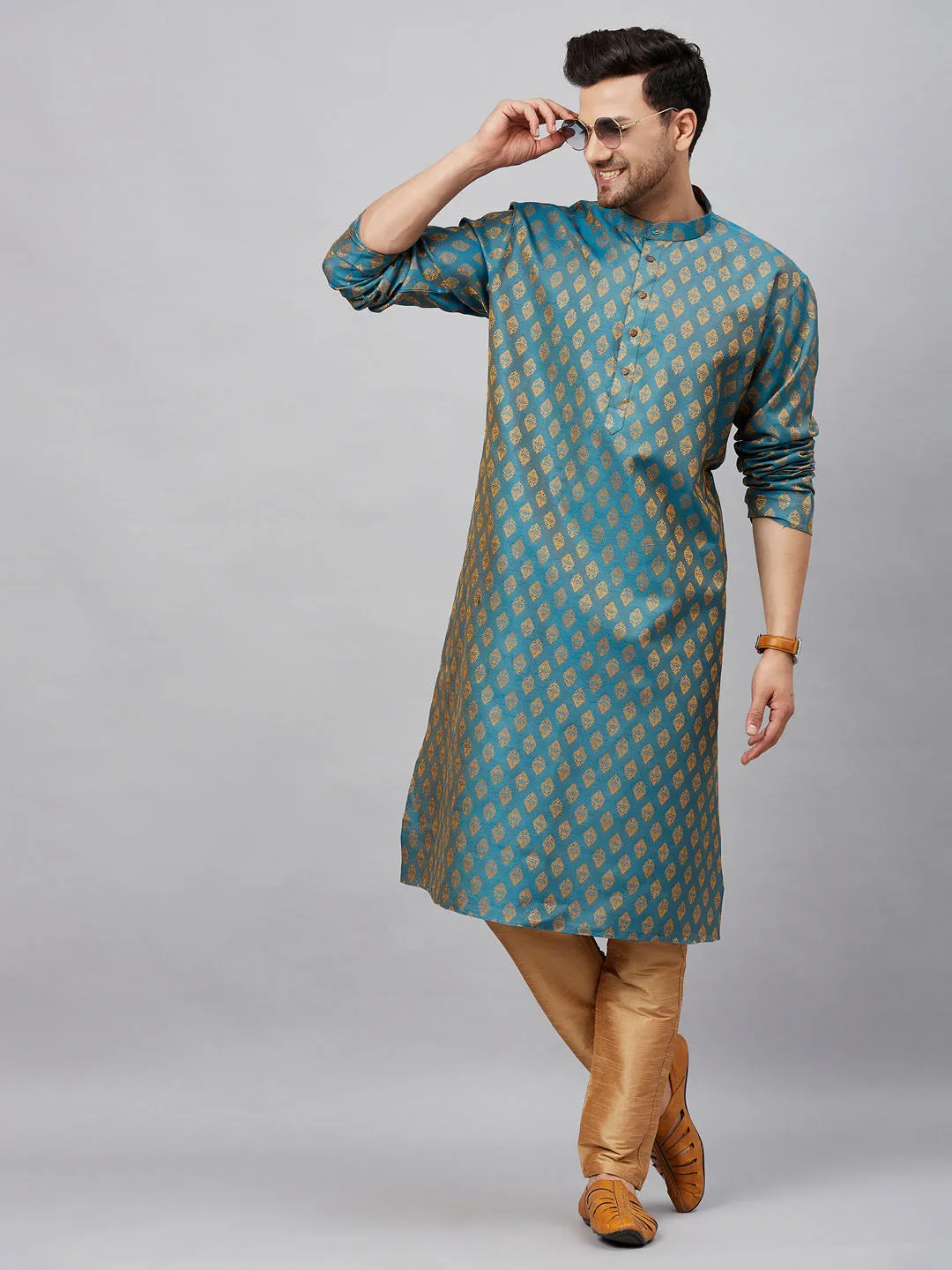 Jashvi Men's Turquoise Blue And  Rose Gold Woven Kurta Pant Set