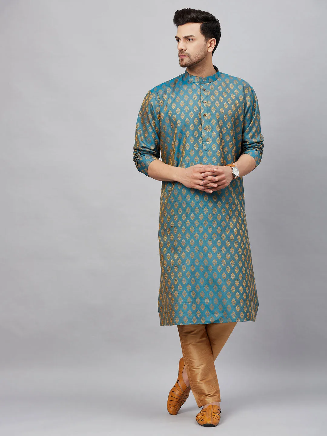 Jashvi Men's Turquoise Blue And  Rose Gold Woven Kurta Pant Set