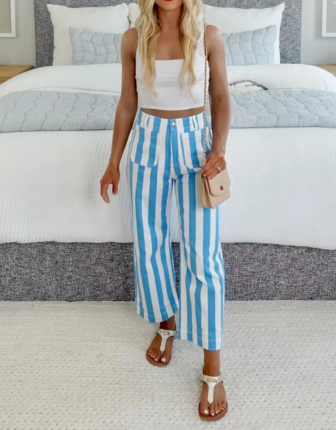 Kedera Women's Striped Pants Wide Leg Trousers Casual High Waisted Fun Pants Flare Jeans with Patched Pockets