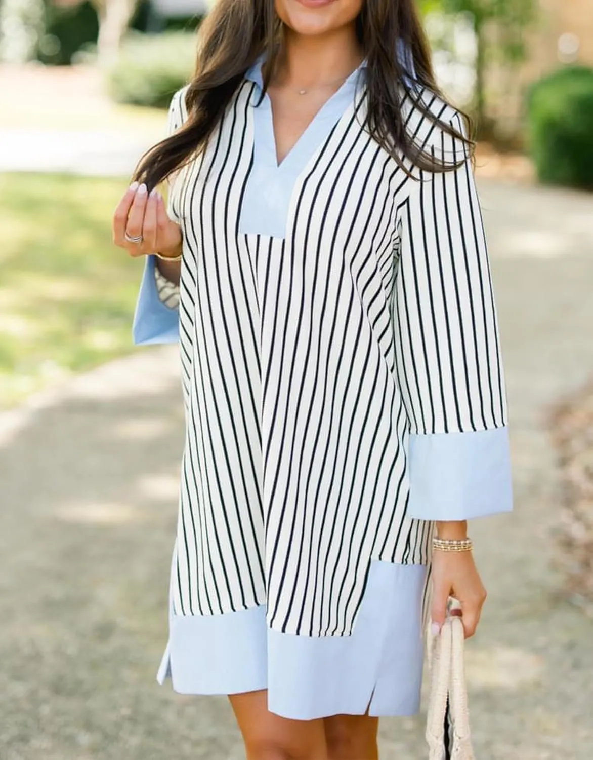 Kedera Women's Summer Striped Dress Long Sleeve V Neck Collared Shirt Mini Dresses 2025 Trendy with Side Slit