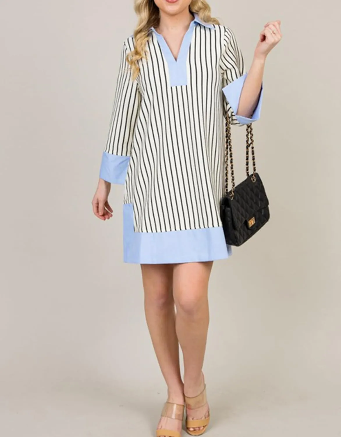 Kedera Women's Summer Striped Dress Long Sleeve V Neck Collared Shirt Mini Dresses 2025 Trendy with Side Slit