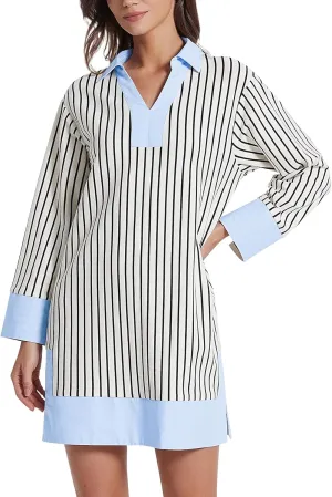 Kedera Women's Summer Striped Dress Long Sleeve V Neck Collared Shirt Mini Dresses 2025 Trendy with Side Slit