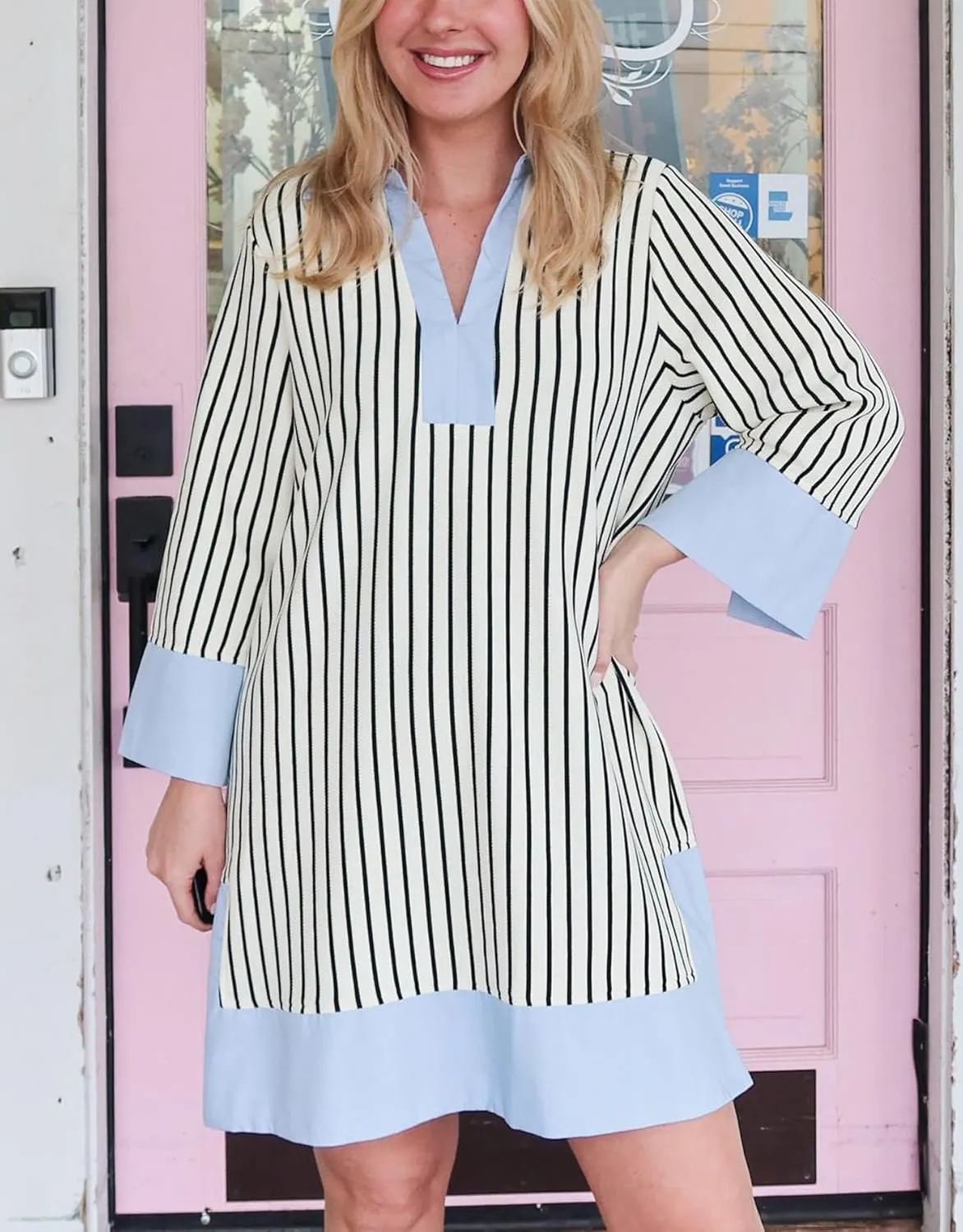 Kedera Women's Summer Striped Dress Long Sleeve V Neck Collared Shirt Mini Dresses 2025 Trendy with Side Slit