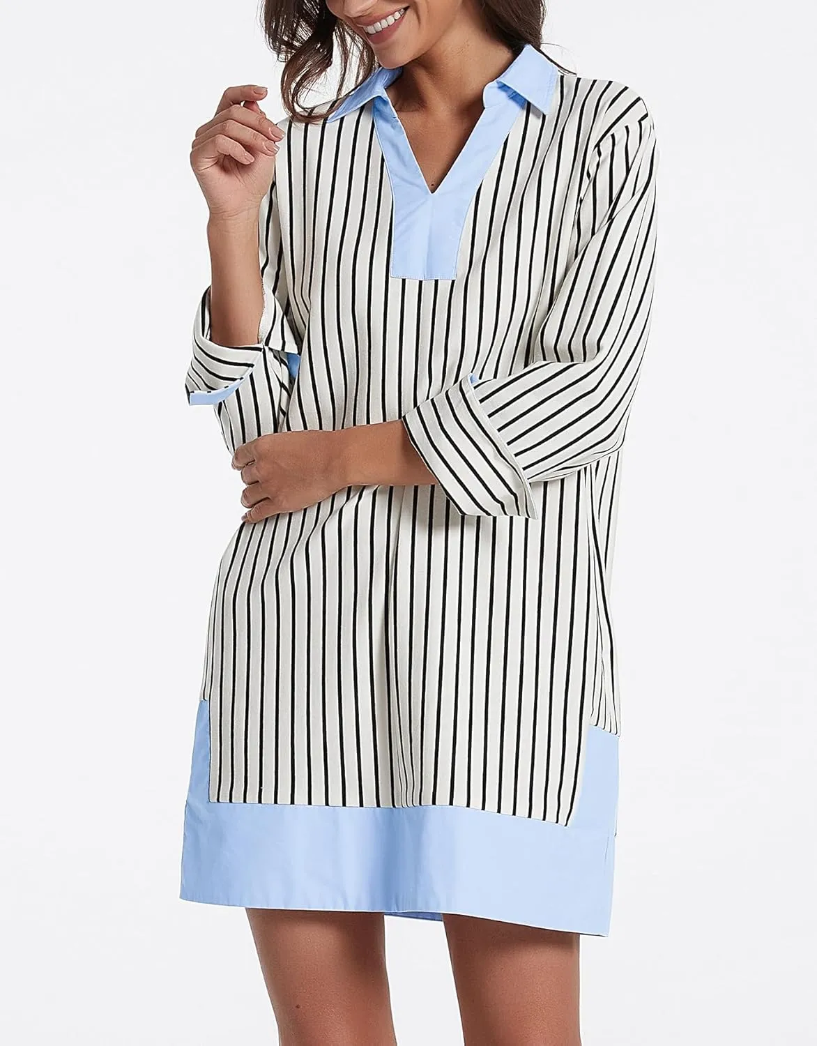 Kedera Women's Summer Striped Dress Long Sleeve V Neck Collared Shirt Mini Dresses 2025 Trendy with Side Slit